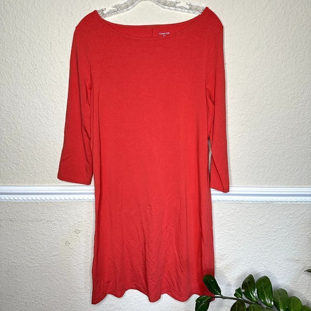 Garnet Hill Jersey Midi Dress Cotton Stretch Orange Red Size Medium 3/4 Sleeve